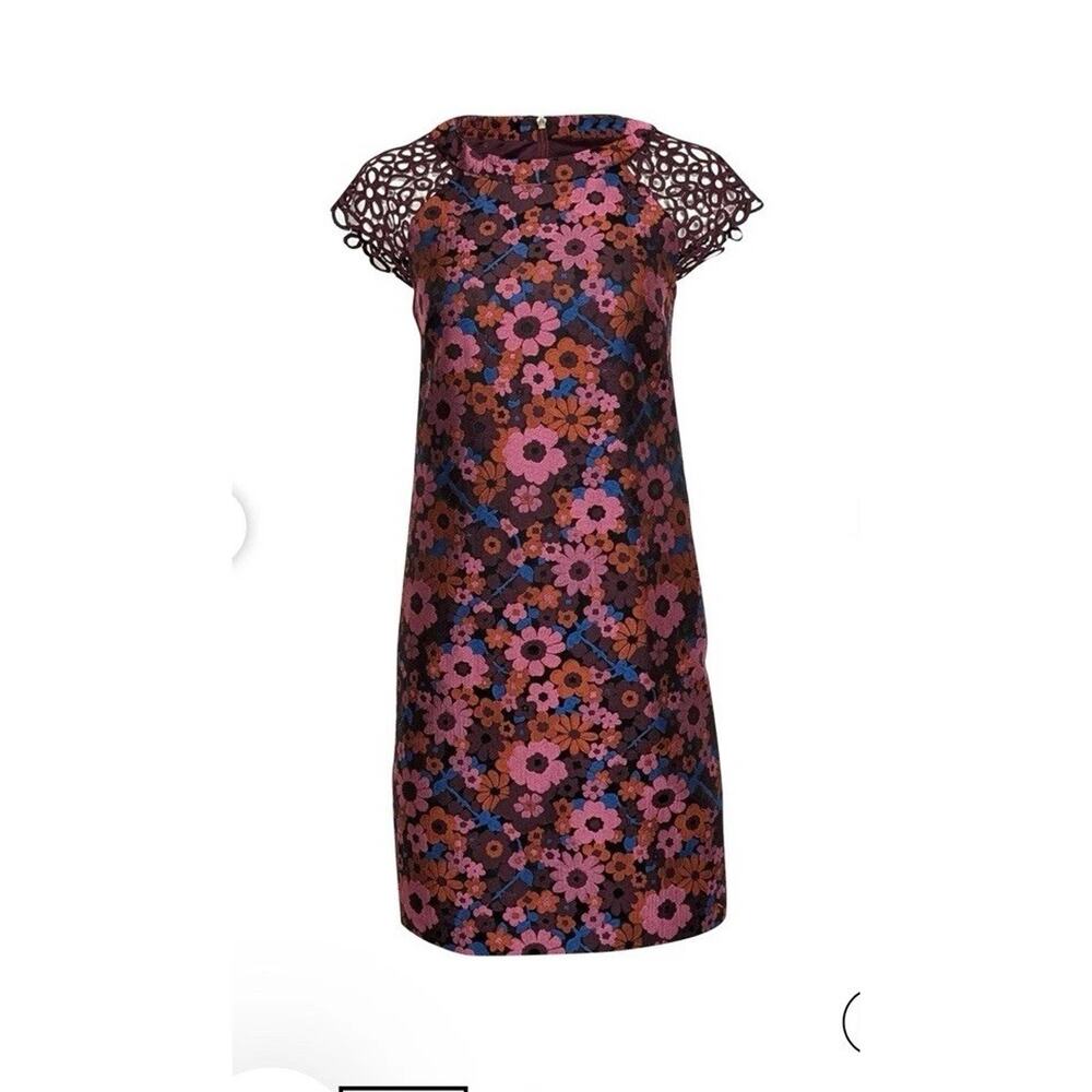 Trina Turk - Davis Dress Burgundy Floral Print with Crochet Cap Sleeves Sz 2